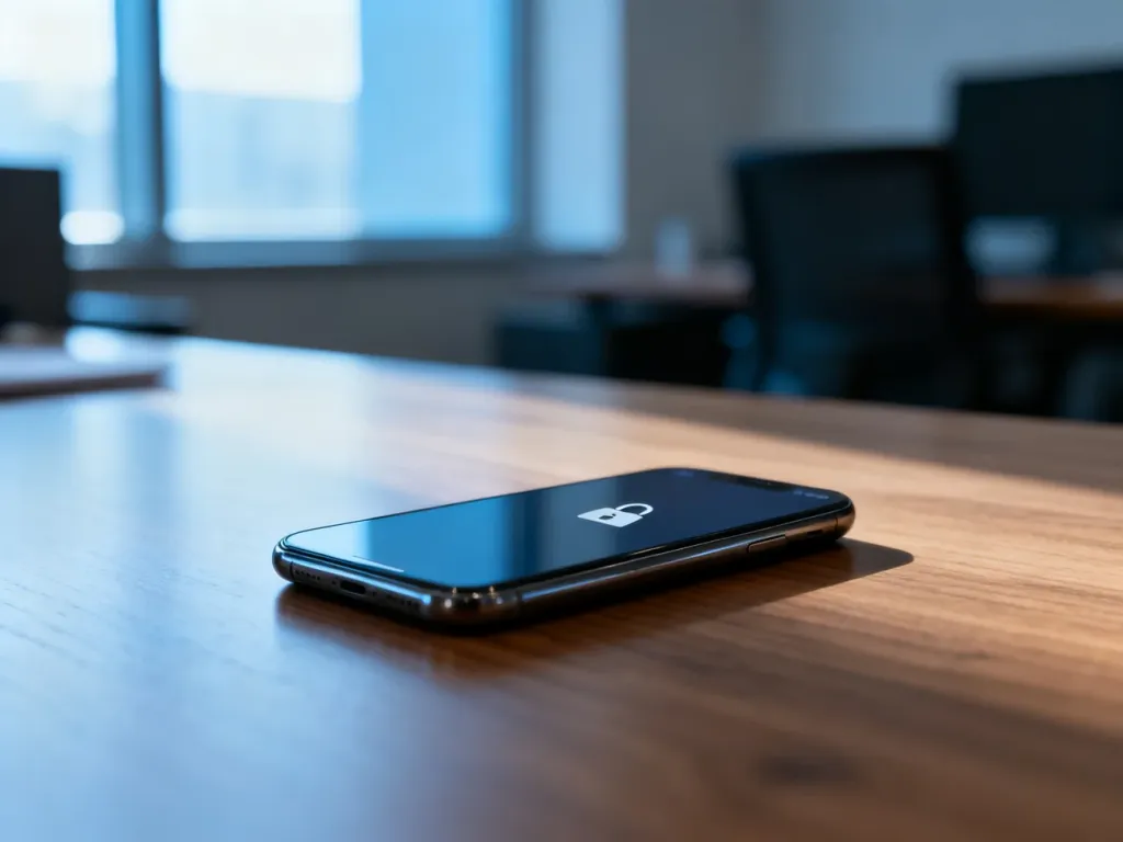Nowoczesny smartfon na drewnianym biurku z ikoną blokady na ekranie, symbolizującą zastrzeżenie numeru telefonu.