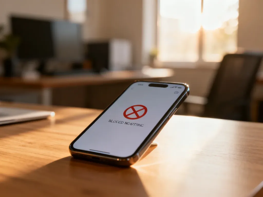 Smartfon z ikoną blokady powiadomień na drewnianym biurku, symbolizujący skuteczne wyłączenie usług SMS Premium.