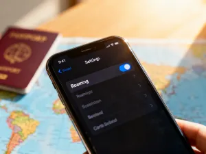 Ekran smartfona z widoczną ikoną powiadomienia z wykrzyknikiem w nowoczesnym, biurowym otoczeniu.