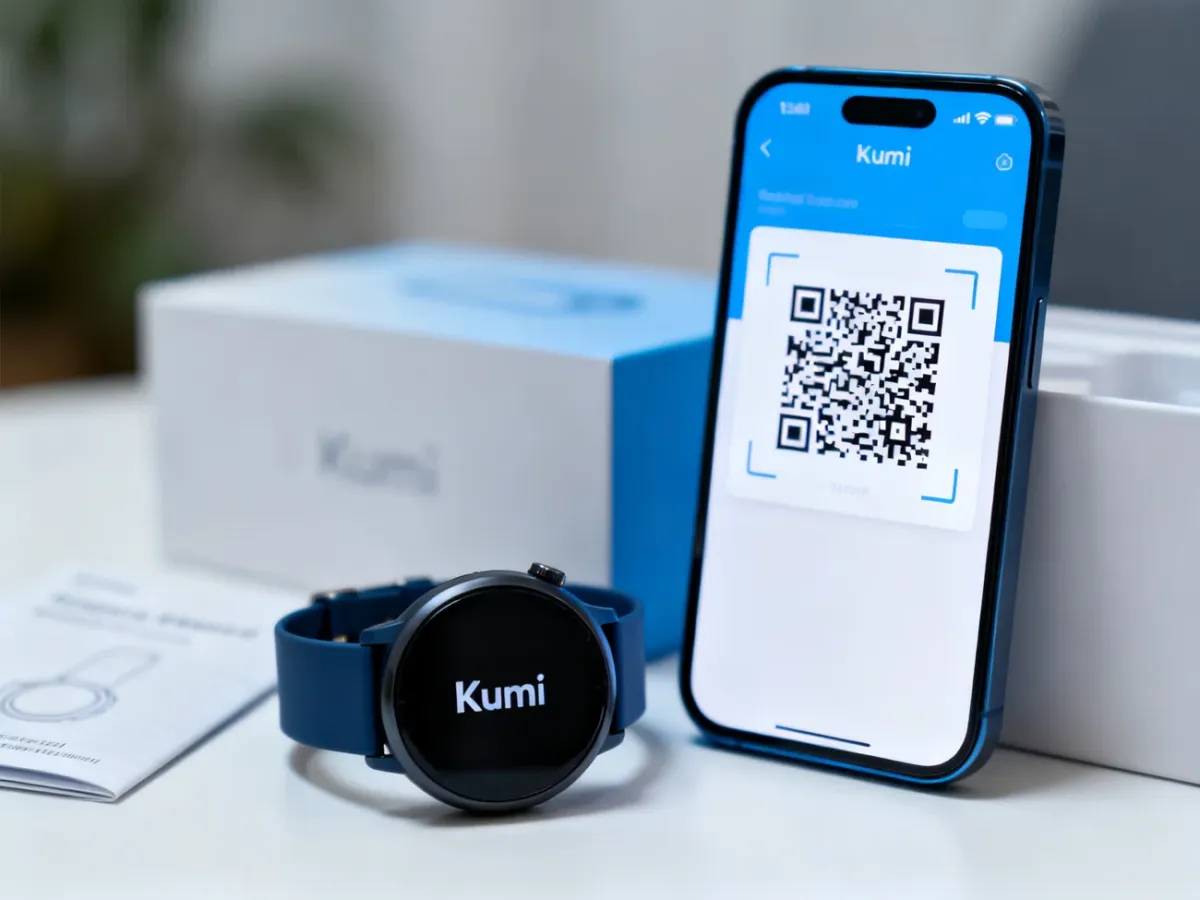 Zegarek Kumi i smartfon z kodem QR do znalezienia właściwej aplikacji