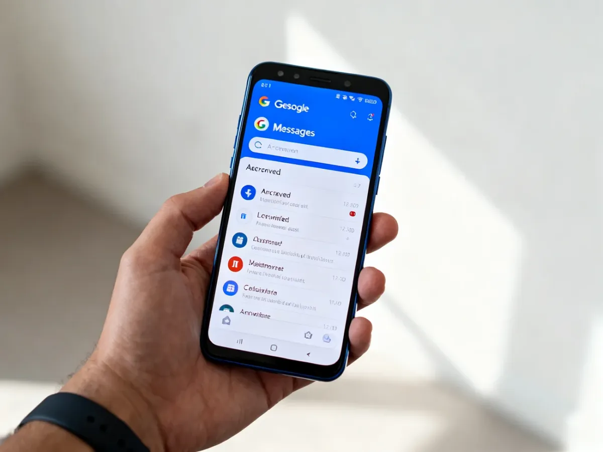 Telefon z otwartą sekcją zarchiwizowanych rozmów w aplikacji Wiadomości Google