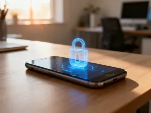 Nowoczesny smartfon na biurku z wizualizacją przegrzewania się podczas intensywnej rozgrywki.