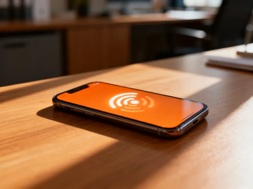 Nowoczesny smartfon na biurku z ikoną połączenia, symbolizujący szybki kontakt z infolinią Orange.