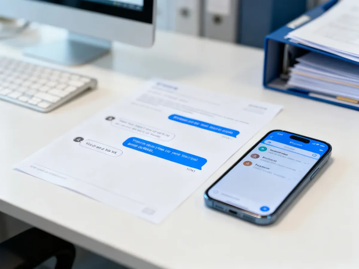 Wydruk rozmowy SMS obok smartfona i dokumentów do archiwizacji