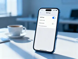 Nowoczesny smartfon leżący na drewnianym biurku w jasnym, uporządkowanym biurze domowym.