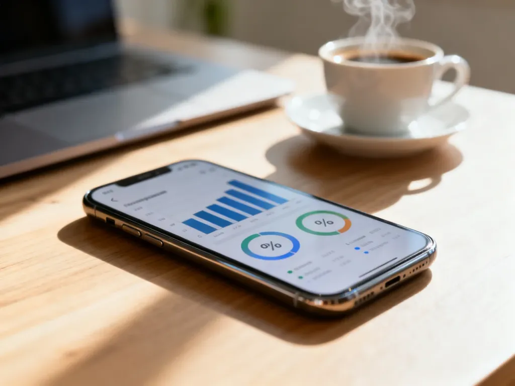 Smartfon leżący na biurku z wyświetlonymi statystykami zużycia danych w formie wykresów i procentów.