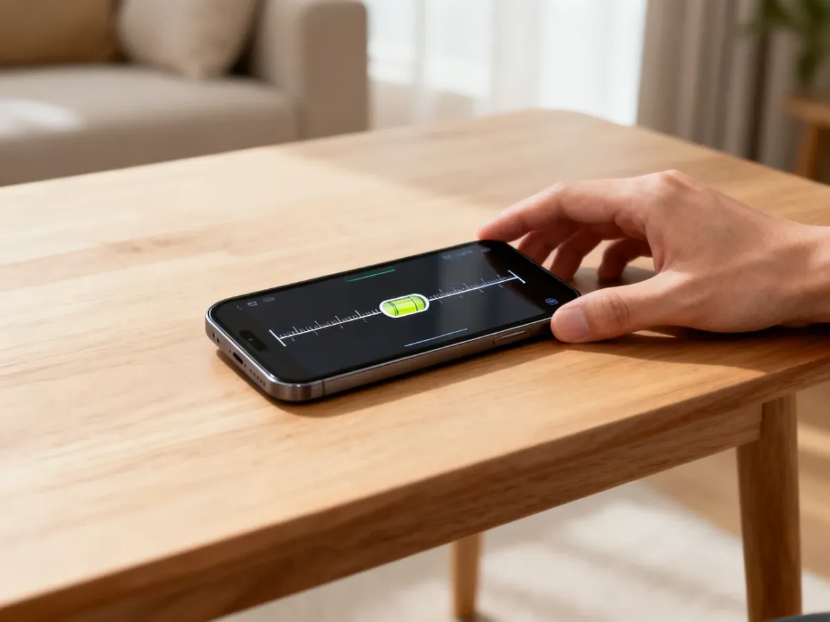 Smartfon używany jako poziomica na płaskim blacie