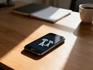Smartfon z włączoną aplikacją do tłumaczenia mowy na tekst, leżący na drewnianym biurku obok mapy podróżniczej.