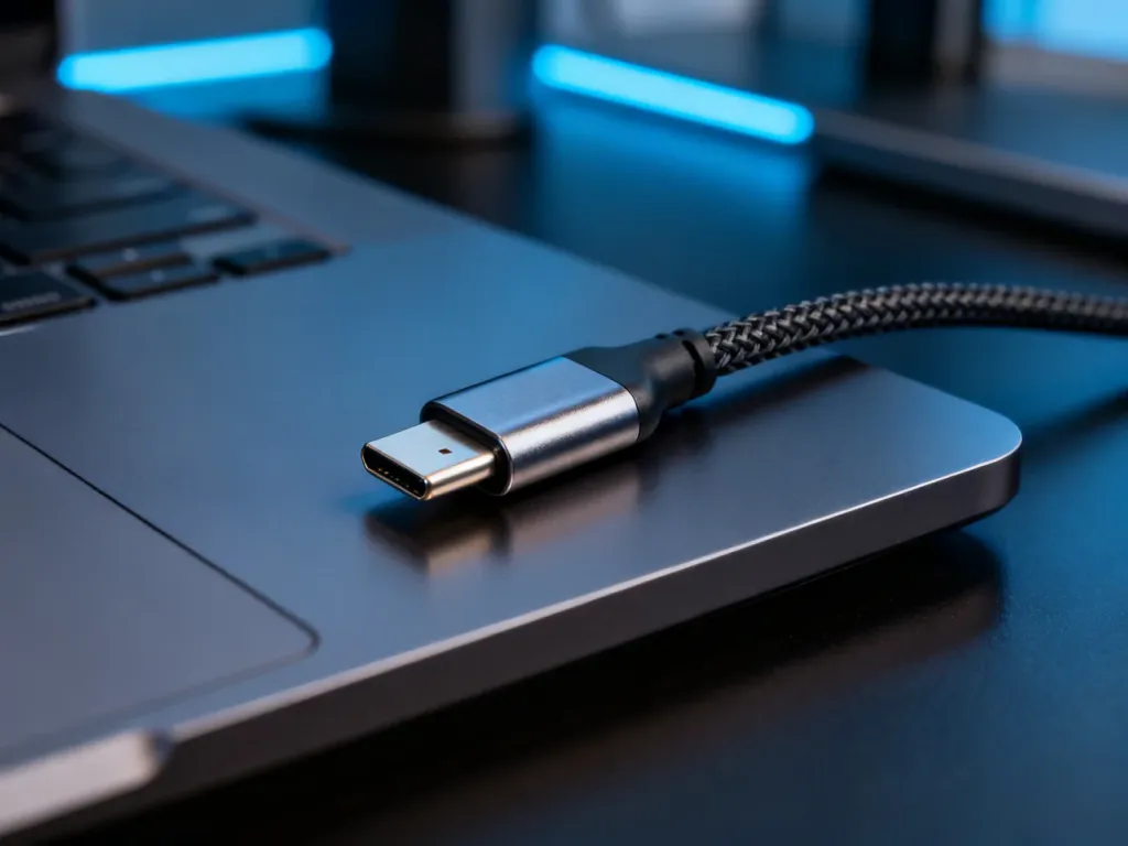 Zbliżenie na wysokiej jakości kabel USB-C w oplocie, leżący na nowoczesnym, ciemnym biurku.