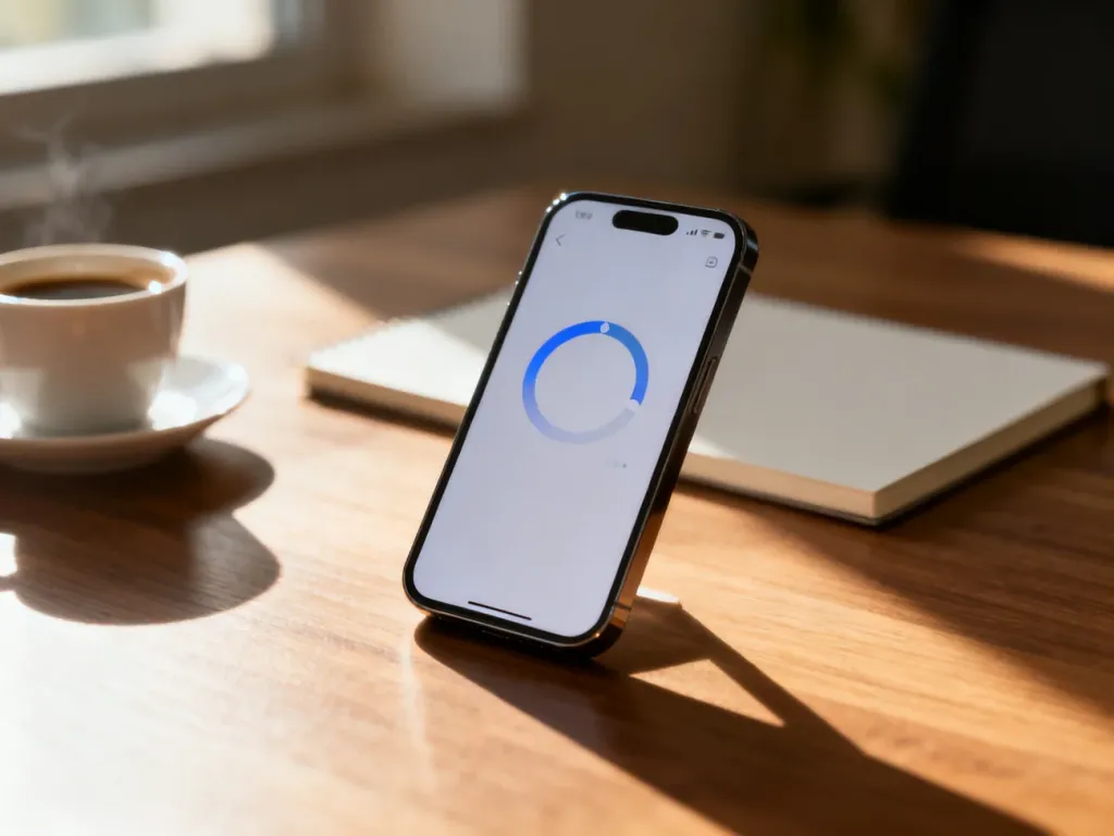 Nowoczesny smartfon z wyświetlonym interfejsem zużycia danych, leżący na drewnianym biurku.