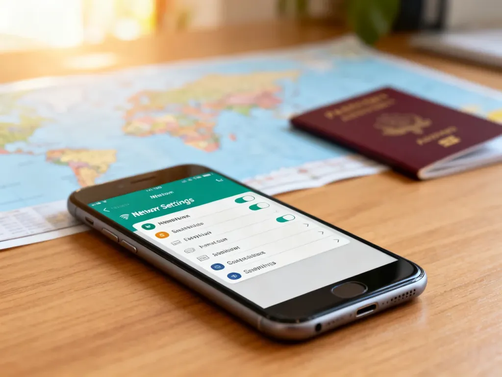 Smartfon z otwartym menu ustawień sieci na drewnianym biurku, obok paszportu i mapy, sugerujący przygotowania do podróży.