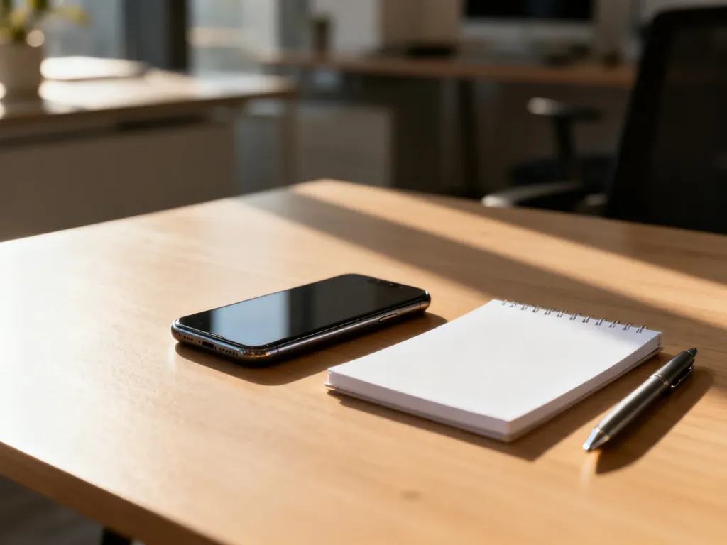 Nowoczesny smartfon na drewnianym biurku w minimalistycznym biurze, idealny do artykułu o wyborze telefonu do 1000 zł.