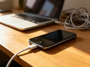 Dłonie trzymające smartfon z otwartą aplikacją do pisania wiadomości w jasnym, przytulnym biurowym wnętrzu.
