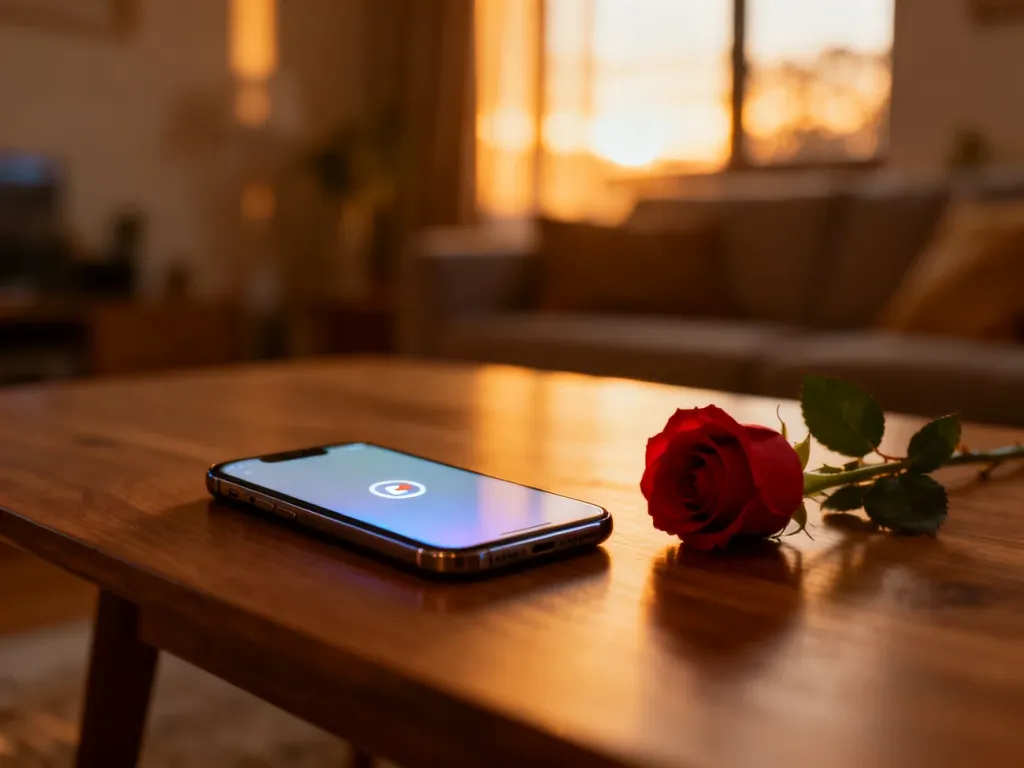 Nowoczesny smartfon z powiadomieniem leżący obok czerwonej róży na drewnianym stole w przytulnym wnętrzu.