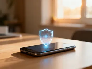 Smartfon z ikoną tarczy bezpieczeństwa na ekranie, symbolizujący blokadę urządzenia w celu ochrony danych.