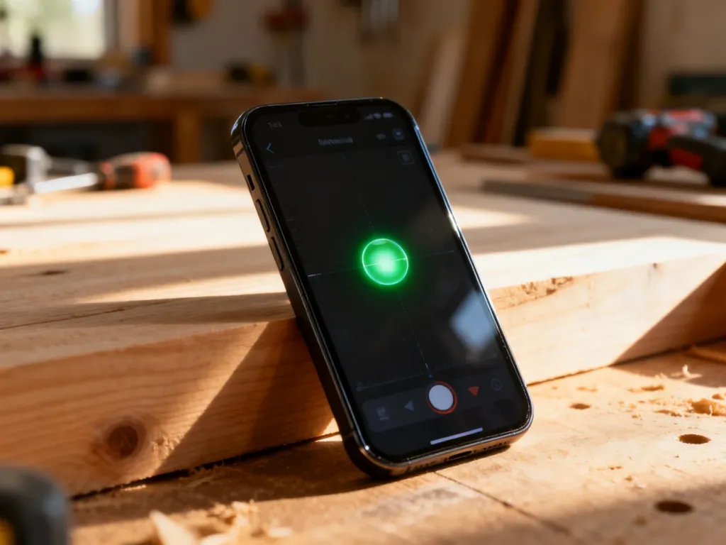 Smartfon z włączoną aplikacją poziomicy na drewnianym blacie w warsztacie stolarskim. Wyświetlacz pokazuje wyśrodkowaną bańkę.
