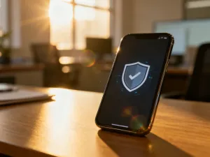 Nowoczesny smartfon z wyświetlonym interfejsem zużycia danych, leżący na drewnianym biurku.