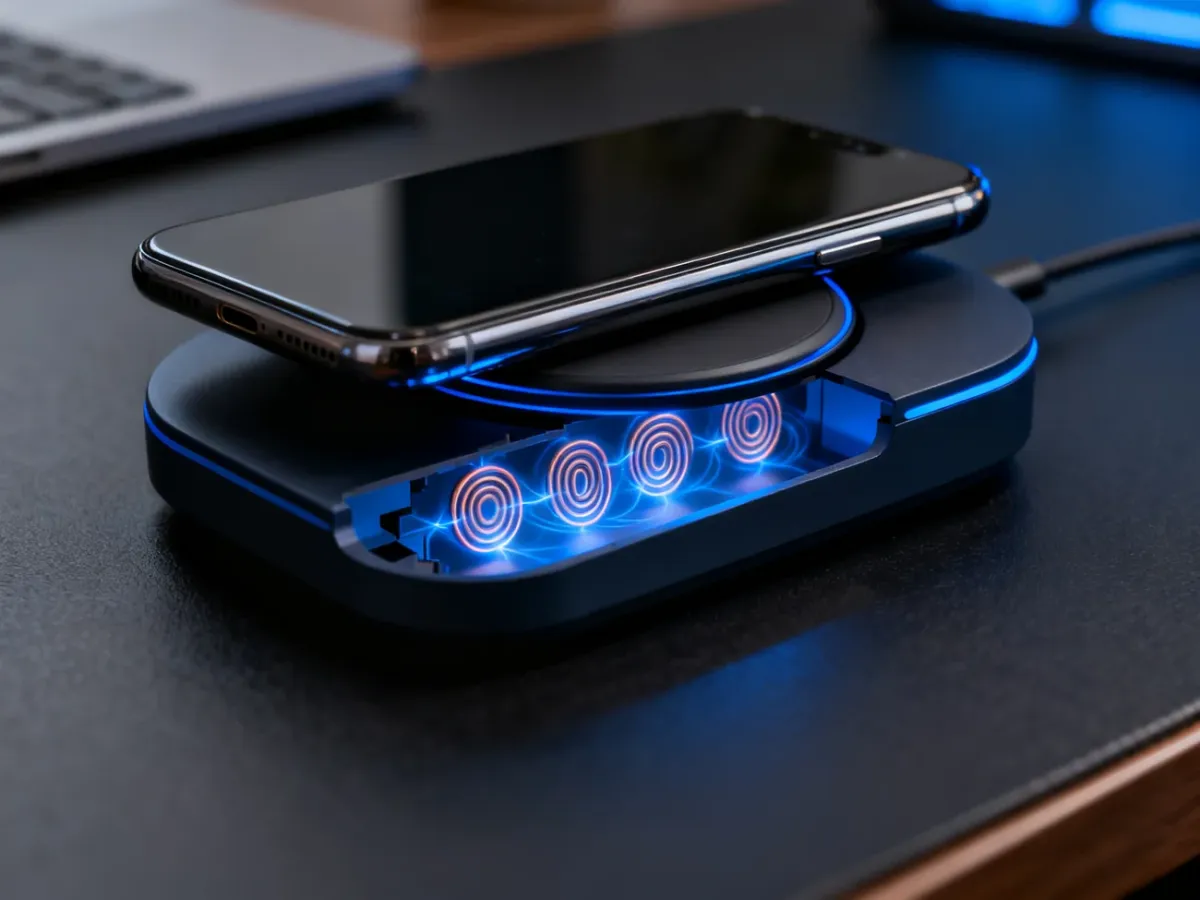 Smartfon ładowany indukcyjnie na podkładce z widocznym działaniem cewek