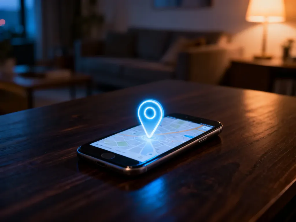 Nowoczesny smartfon z podświetloną ikoną lokalizacji na ekranie, leżący na drewnianym biurku w przytulnym salonie.
