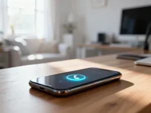 iPhone 16 Pro Max trzymany w dłoni na biurku, z widocznymi metalowymi krawędziami i modułem aparatu w minimalistycznym biurze