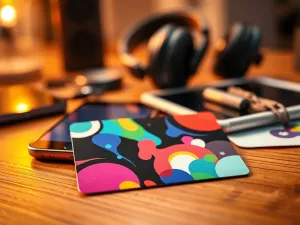 Nowoczesny smartfon z widoczną ikoną zasięgu na ekranie, leżący na drewnianym biurku w jasnym, biurowym wnętrzu.