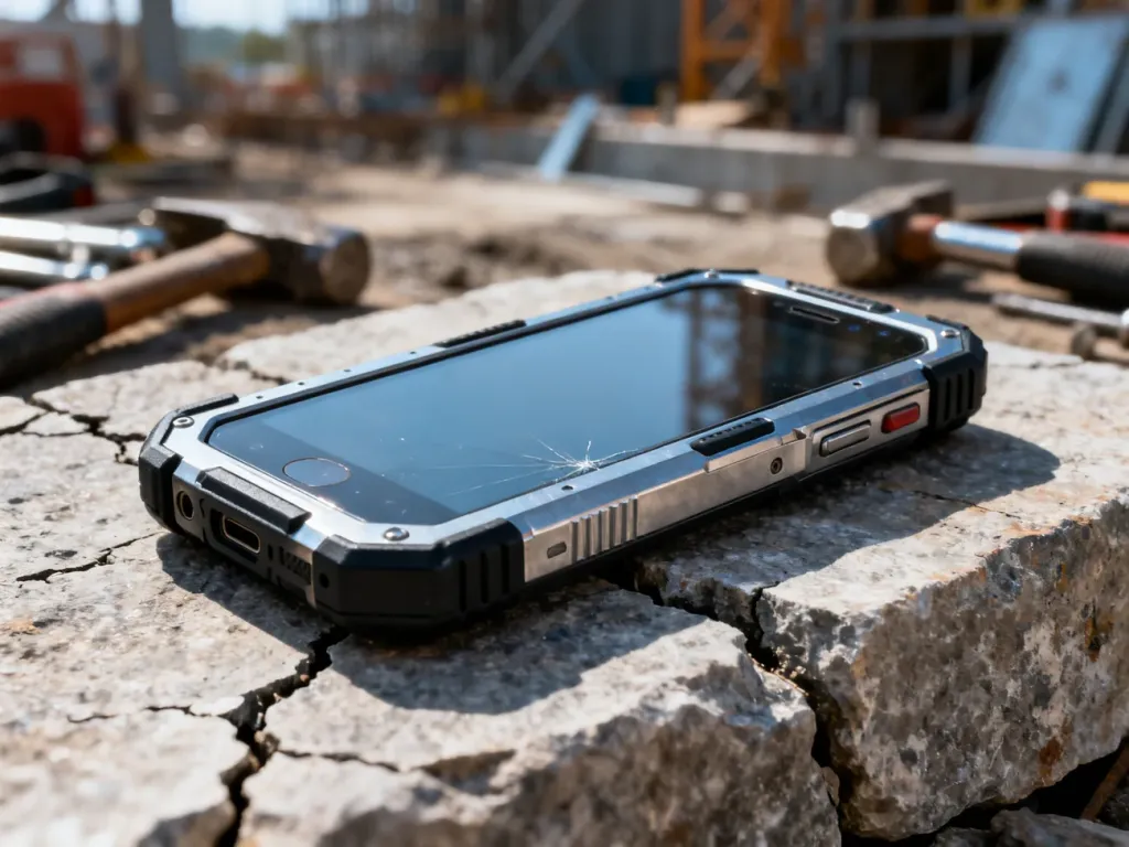 Wzmocniony smartfon o solidnej konstrukcji leżący na popękanej powierzchni, podkreślający jego wytrzymałość w trudnych warunkach.