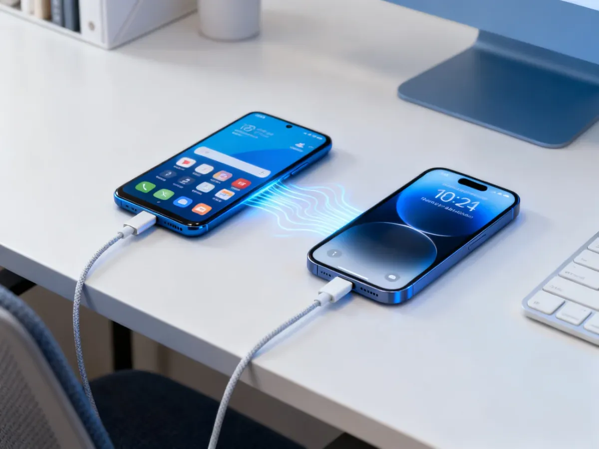 Android i iPhone połączone przewodem podczas przenoszenia danych