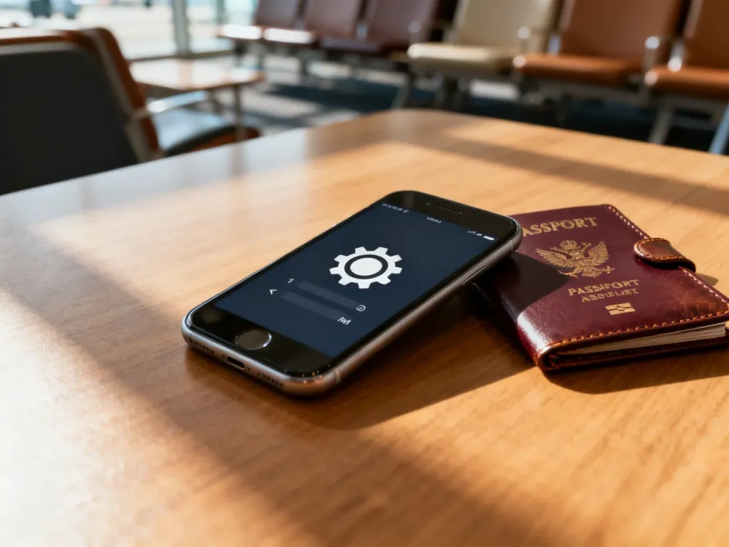Smartfon z ikoną ustawień leżący obok paszportu i portfela, symbolizujący przygotowanie telefonu do podróży zagranicznej.