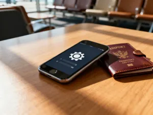 Bezprzewodowe słuchawki i smartfon z ikoną Bluetooth na stoliku w samolocie, gotowe do połączenia podczas lotu.