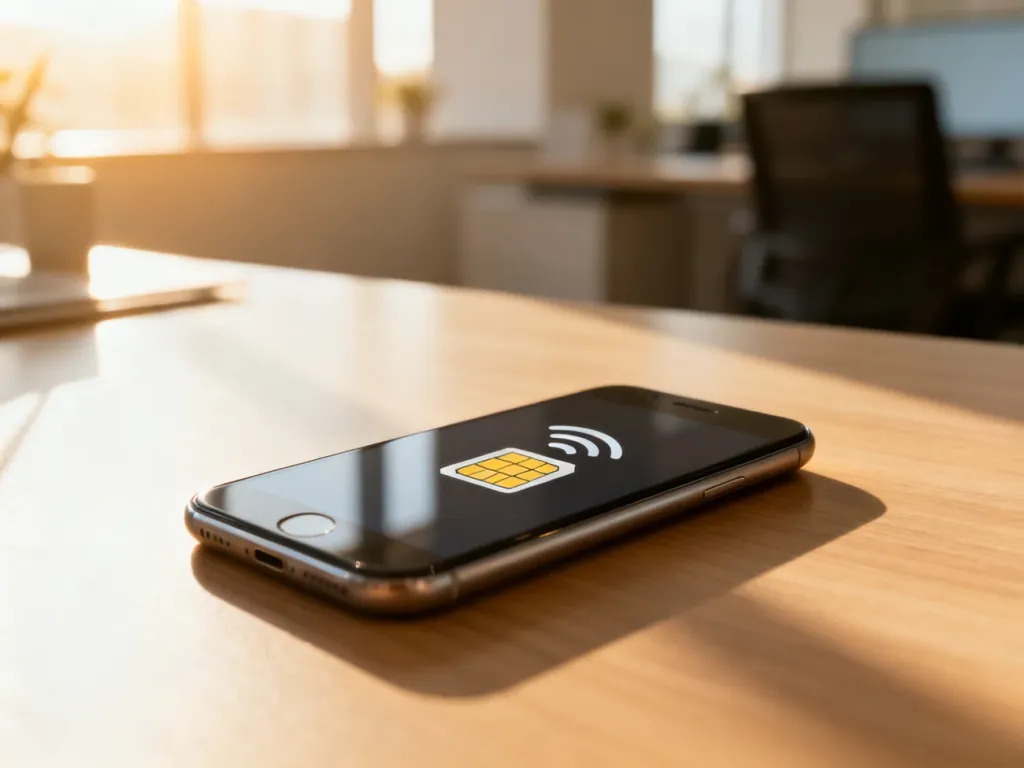 Smartfon z ikonami zasięgu i karty SIM na drewnianym biurku, ilustrujący temat sprawdzania numeru telefonu w sieci Play.