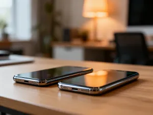 Nowoczesny smartfon leżący na drewnianym biurku z widoczną ikoną ustawień na ekranie, symbolizującą konfigurację telefonu.