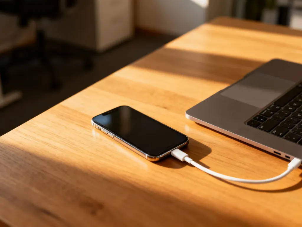 Smartfon podłączony kablem do laptopa na drewnianym biurku, ilustrujący proces tworzenia kopii zapasowej danych.