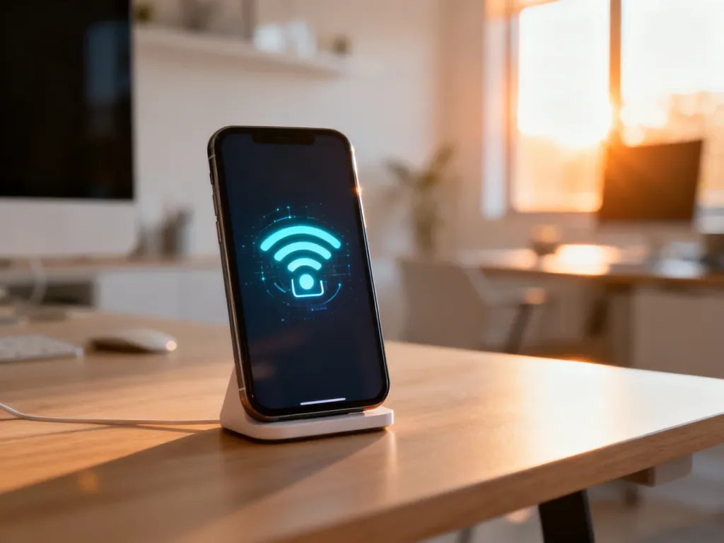 Nowoczesny smartfon na biurku z ikoną zasięgu, symbolizujący proces aktywacji karty eSIM w sieci Plush.