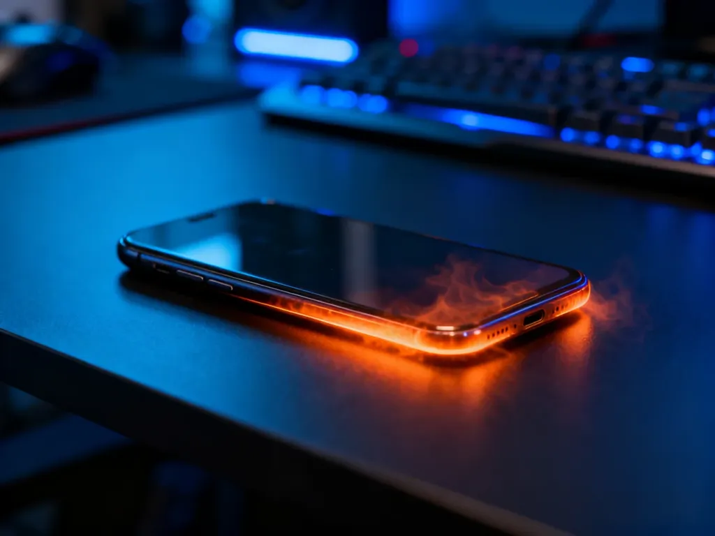 Nowoczesny smartfon na biurku z wizualizacją przegrzewania się podczas intensywnej rozgrywki.