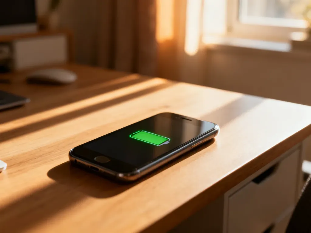 Nowoczesny smartfon z ikoną naładowanej baterii na ekranie, leżący na drewnianym biurku w słonecznym domowym biurze.