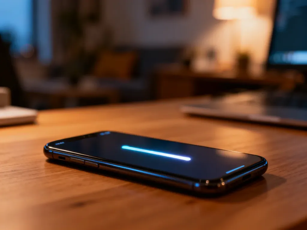 Nowoczesny smartfon na drewnianym biurku z widocznym na ekranie paskiem postępu, symbolizującym optymalizację urządzenia.