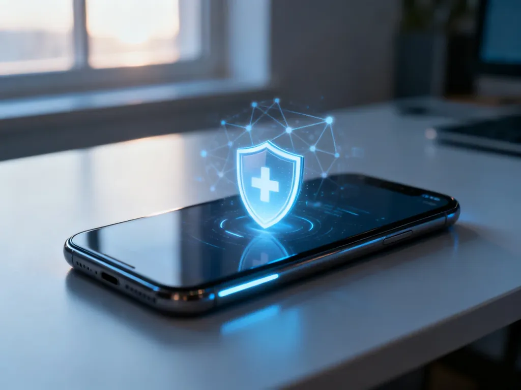 Nowoczesny smartfon z ikoną tarczy na ekranie, symbolizującą prywatność i ochronę numeru telefonu.