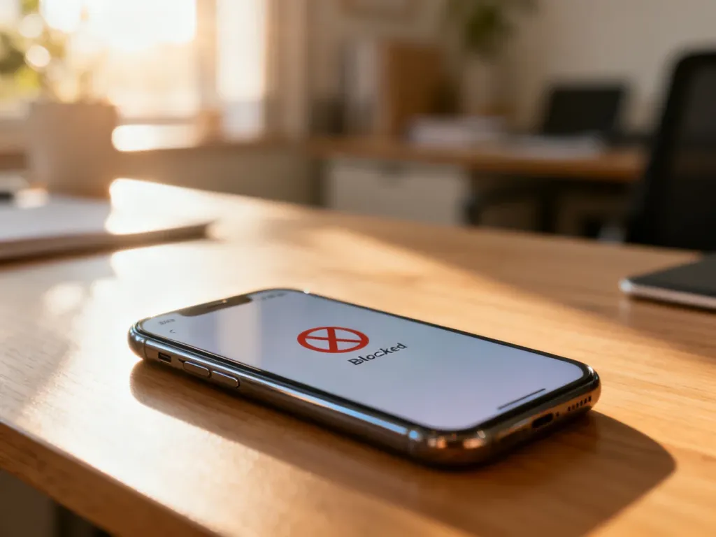 Smartfon z ikoną blokowania powiadomień na ekranie, leżący na drewnianym biurku w domowym biurze.
