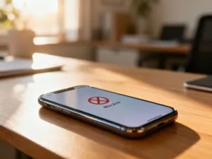 Smartfon z ikonami zasięgu i karty SIM na drewnianym biurku, ilustrujący temat sprawdzania numeru telefonu w sieci Play.