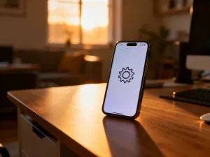 Nowoczesny smartfon na drewnianym biurku w otoczeniu różnorodnych etui ochronnych, ułatwiających wybór odpowiedniego modelu.
