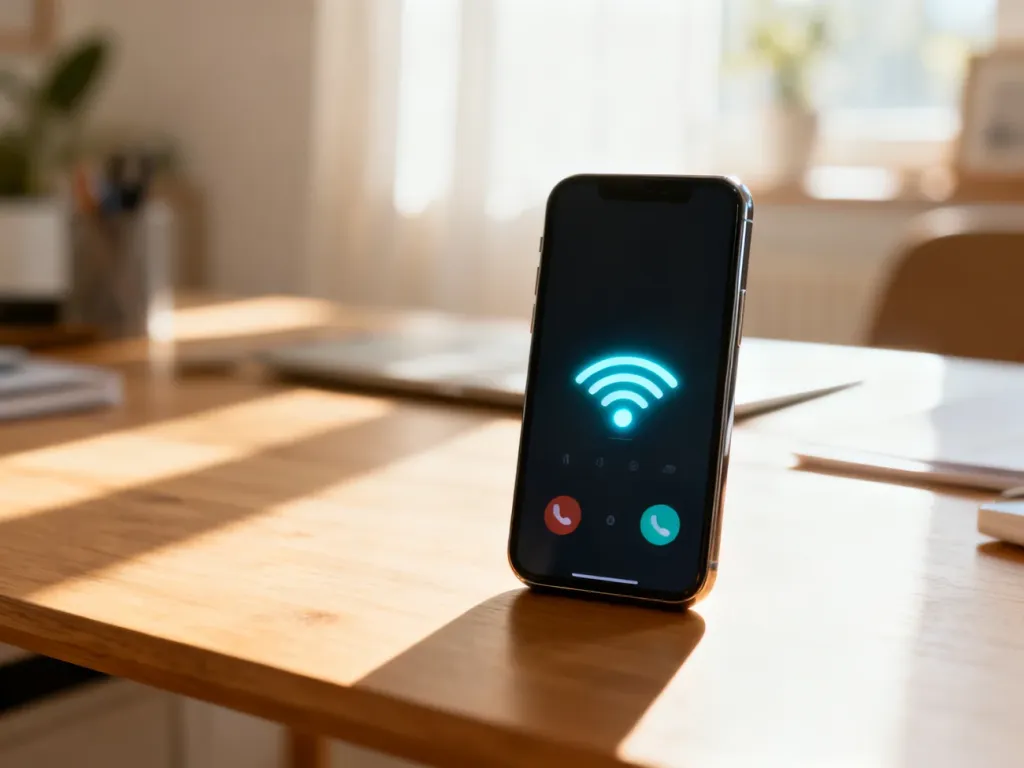 Smartfon z aktywnym ekranem połączenia na drewnianym biurku, symbolizujący łatwy kontakt z obsługą klienta Mobile Vikings.
