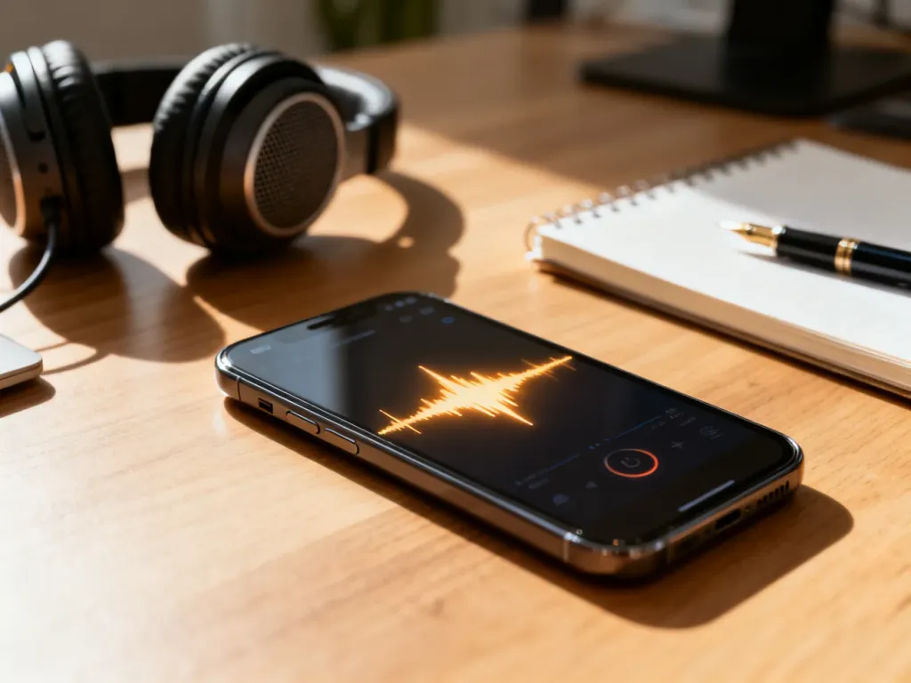 Nowoczesny smartfon z aktywną funkcją nagrywania rozmowy na ekranie, leżący na drewnianym biurku w biurze.