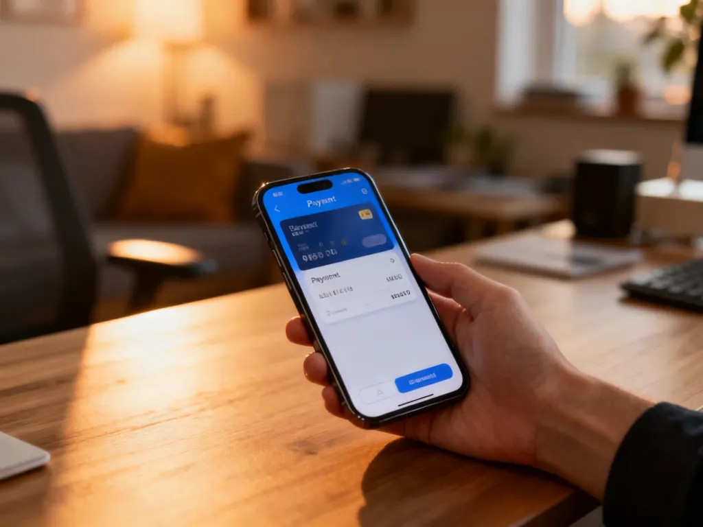 Dłoń trzymająca smartfon z otwartą aplikacją do płatności online na tle przytulnego domowego biura.