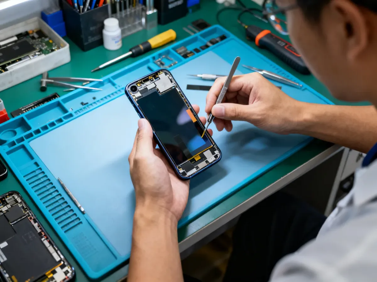 Technik wymieniający ekran smartfona w serwisie