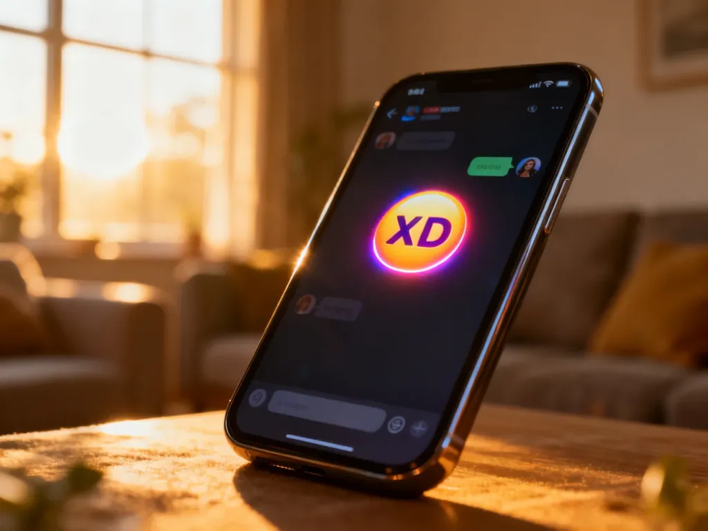 Ekran smartfona z wyświetlonym emotikonem „xD” w przytulnym, nasłonecznionym wnętrzu.