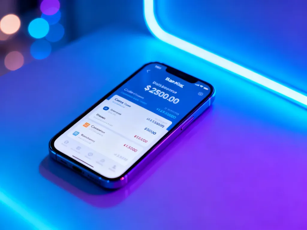 Ekran smartfona z nowoczesnym interfejsem aplikacji mobilnej prezentujący podsumowanie stanu konta.