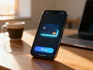 Nowoczesny smartfon z powiadomieniem o nowej wiadomości na ekranie, widoczny na tle przyciemnionego biurka.
