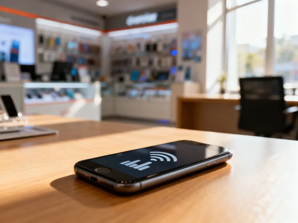 Nowoczesny smartfon z ikoną zasięgu na drewnianym biurku, symbolizujący proces przenoszenia numeru do sieci Plus.