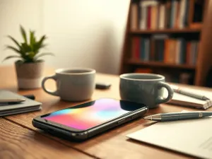Nowoczesny smartfon z aplikacją bankową na ekranie, leżący na drewnianym biurku w przytulnej kawiarni.