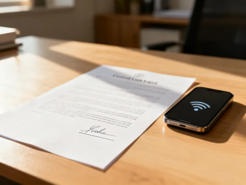Podpisany dokument prawny obok smartfona na biurku, symbolizujący proces formalnego rozwiązania umowy telekomunikacyjnej.